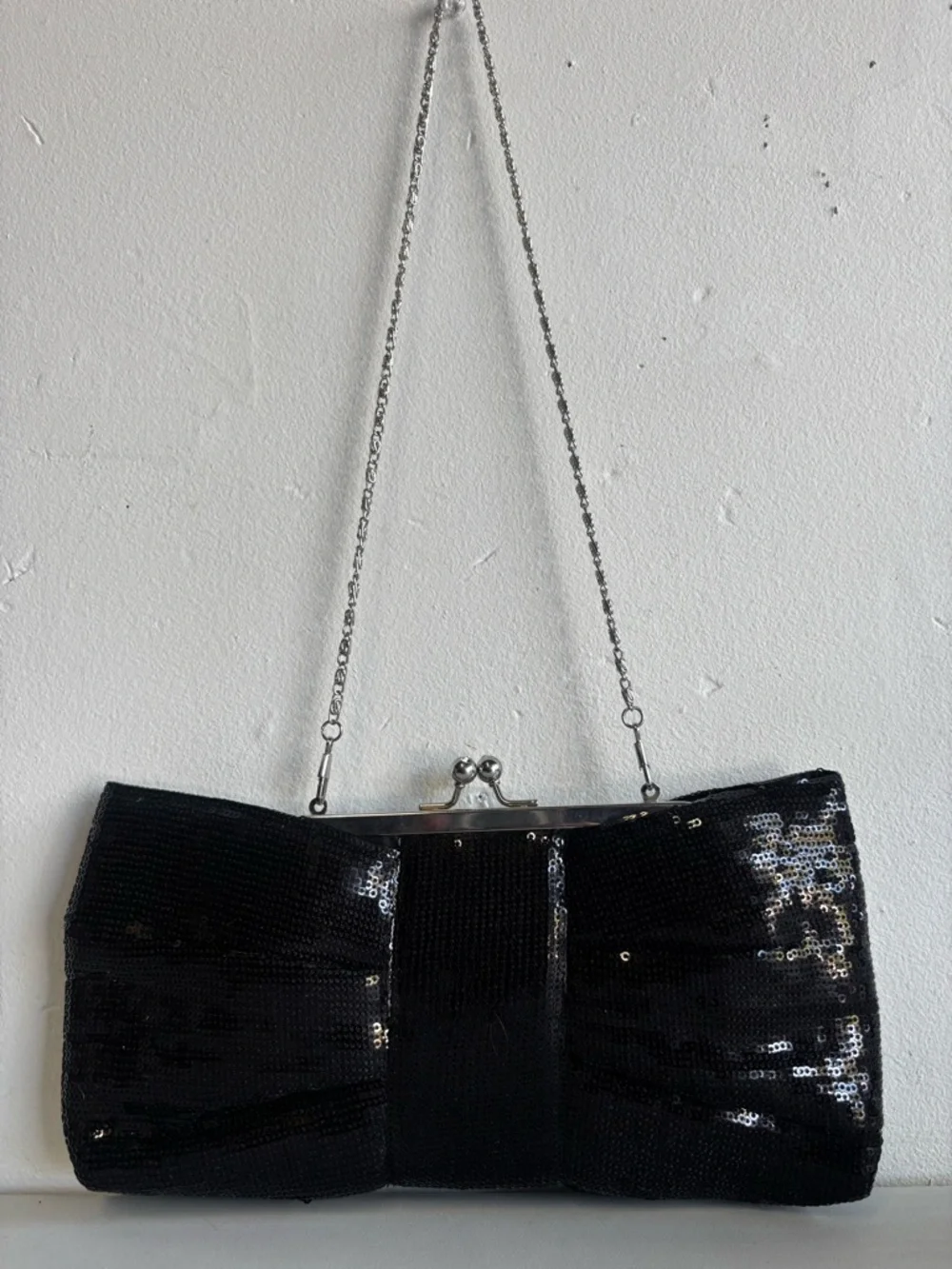 Black Sequin Bow Clutch with Chain Strap